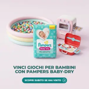 Pacco di pannolini Pampers Baby-Dry con i giochi in palio nel concorso: valigetta del piccolo dottore, forno cuoci biscotti e piscina con palline