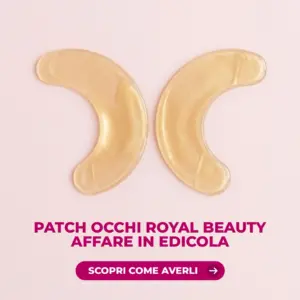 Elle con patch occhi Royal Beauty: due patch dorate a mezzaluna su fondo rosa