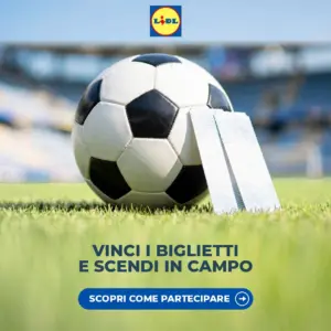 Pallone da calcio e biglietti sul prato di uno stadio per il concorso Lidl Kids Team