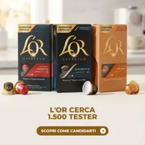 Tre confezioni di capsule L'OR Espresso Barista, Ristretto e Caramel sul piano di una cucina luminosa