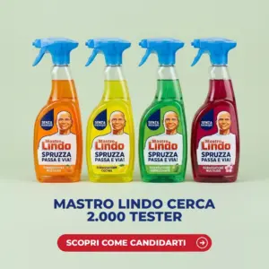 Quattro flaconi Mastro Lindo Spruzza, Passa, Via! nelle varianti Mandarino, Limone, Mela Verde e Fiori di Ciliegio