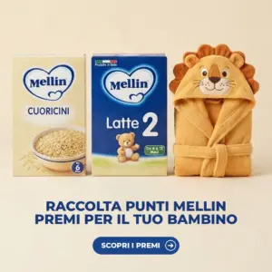 Scatole Mellin Cuoricini e Latte 2 con accappatoio a leone, raccolta punti Mellin Collection