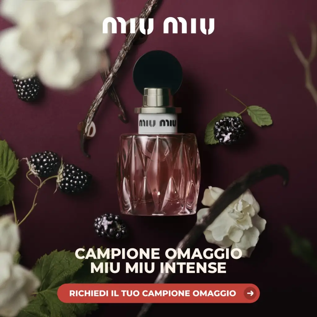 Campione omaggio profumo Miu Miu Intense: flacone con more, vaniglia e gardenia