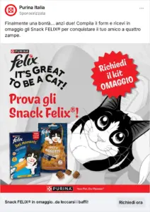 Ricostruzione dell'annuncio sponsorizzato Purina Italia per gli Snack Felix in omaggio, con pulsante Richiedi ora