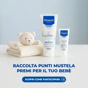 Raccolta punti Mustela: gel detergente 2 in 1 e crema Hydra Bébé Mustela accanto a un peluche orsetto