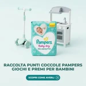 Pacco di pannolini Pampers Baby-Dry con monopattino e cucina giocattolo, premi della raccolta punti Coccole Pampers