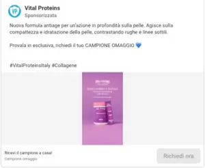 Inserzione Vital Proteins con il campione omaggio di Advanced Beauty Collagen