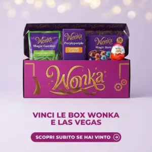 Box Wonka del concorso Ferrero con Magic Garden, tavoletta Purplypurple, Magic Hats e Kinder Joy